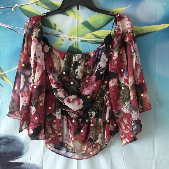 NWTOff-Shoulder Flounce-Sleeve Floral/Gold Dot Top - Picture 2 of 7